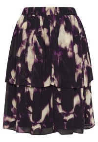 Zwarte rok met een gelaagd ontwerp met een paars en crème abstract patroon. Gemaakt van lichte stof met een elastische tailleband.