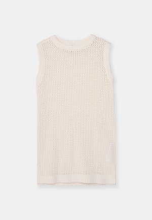 Haut sans manches en tricot de couleur crème clair, présentant un motif en maille et un col et un ourlet côtelés. Sa texture douce améliore la respirabilité et le confort.