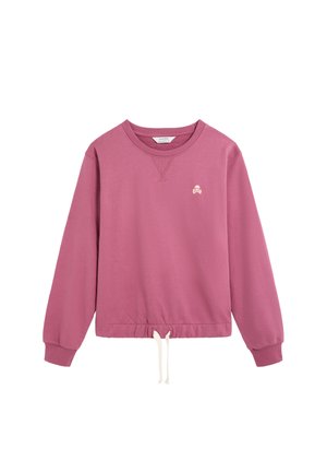 Sudadera de manga larga en rosa polvo con puños acanalados, dobladillo con cordón ajustable, cuello redondo y pequeño logo blanco de calavera y huesos cruzados en el pecho.
