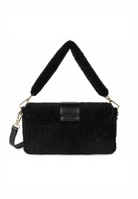 Borsa a tracolla in tessuto nero con superficie morbida e testurizzata, dotata di un inserto in pelle e di una tracolla staccabile con hardware dorato.