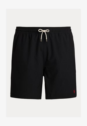 Črni kopalni kratki hlače z elastičnim pasom in kremasto vrvico za zavezovanje. Na spodnji desni strani majhen rdeč logotip. Gladek tekstura.