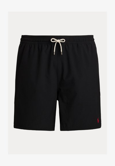 Juodi maudymosi šortai su elastine juosmens juosta ir kreminės spalvos raišteliu. Apatinėje dešinėje pusėje yra mažas raudonas logotipo elementas. Lygus paviršius.