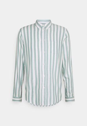 Camicia a maniche lunghe con bottoni, a righe verticali verdi chiare e bianche, con colletto abbottonato e taschino sul lato sinistro del petto.