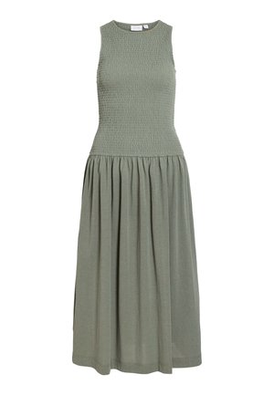 Varrukateta oliivroheline kleit, millel on keha ümber kohanduv tikitud ülakeha ja voltidega midi-pikkusega seelik, ümmargune kaelus, igapäevane stiil.