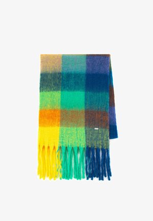 Sjaal van een wolmix met een meerkleurig ruitpatroon in tinten groen, geel, blauw en bruin, met franjes aan de randen.