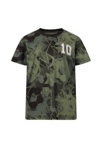 Kortærmet grøn og sort fodbold-tema T-shirt med abstrakte bold- og netmønstre samt hvidt nummer 10 på brystet.