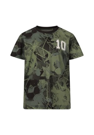 Groene en zwarte T-shirt met korte mouwen, thema voetbal, met abstracte patronen van een bal en net en het witte nummer 10 op de borst.