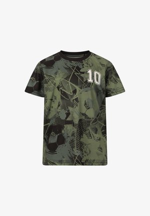 T-shirt de football à manches courtes, vert et noir, avec des motifs abstraits de ballon et de filet, et le numéro 10 en blanc sur la poitrine.