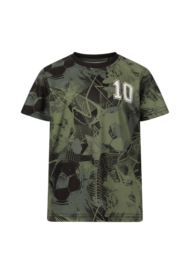 Kortærmet grøn og sort fodbold-tema T-shirt med abstrakte bold- og netmønstre samt hvidt nummer 10 på brystet.