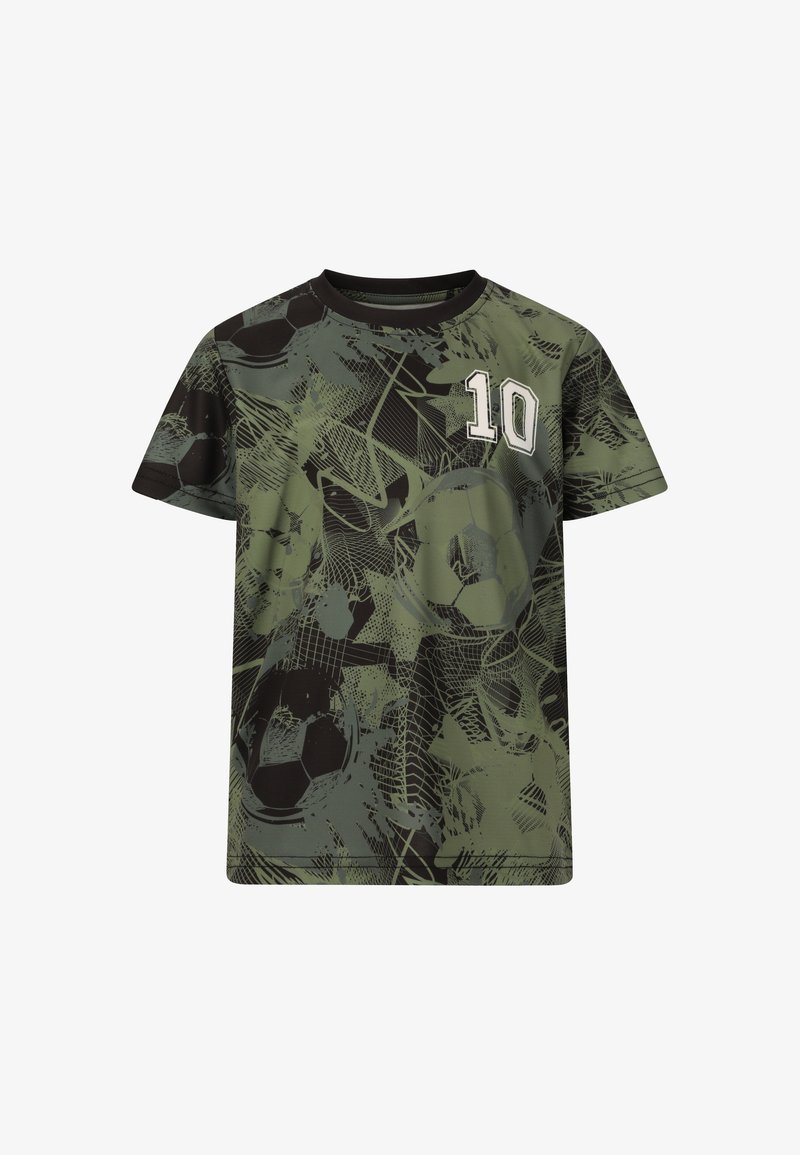 Groene en zwarte T-shirt met korte mouwen, thema voetbal, met abstracte patronen van een bal en net en het witte nummer 10 op de borst.