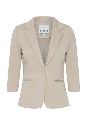 Beige blazer with three-quarter sleeves, tailored design, single button closure, and two front pockets, made from a smooth fabric.