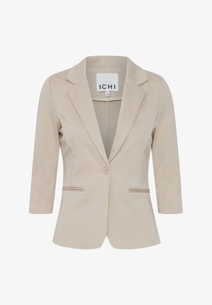 Blazer beige con maniche tre quarti, design su misura, chiusura con un pulsante e due tasche frontali, realizzato in un tessuto liscio.
