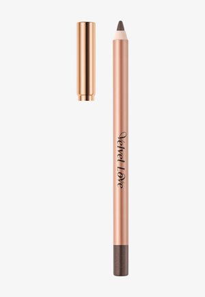 Oogpotlood in koperkleur met het label "Velvet Love", een donkerbruine punt en een bijpassende metallic dop ernaast geplaatst.