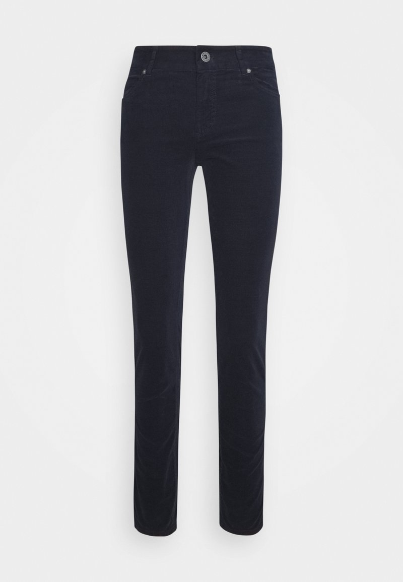 Pantalon en velours côtelé bleu marine foncé coupe slim avec bouton à l'avant, fermeture éclair, et style cinq poches.