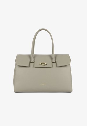 Graue Ledertasche mit strukturiertem Design, zwei oberen Griffen und einem Verschluss mit goldfarbenem Verschluss. Verfügt über eine dezente genarbte Textur und ein Logo.