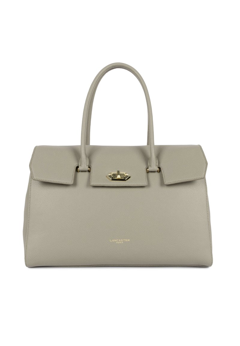 Borsa a mano in pelle grigia con design strutturato, doppie maniglie superiori e chiusura con fermaglio in tonalità oro. Presenta una texture leggermente martellata e un logo.