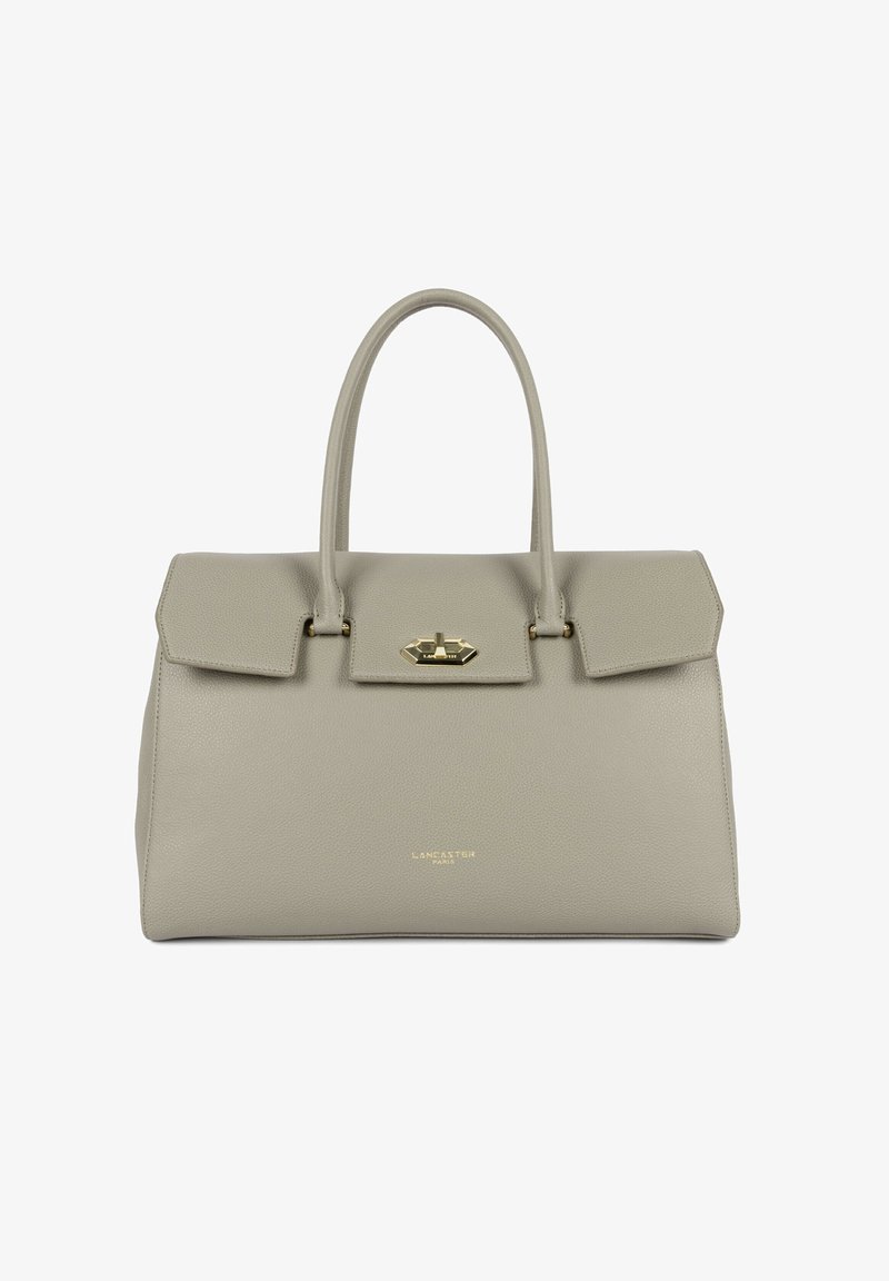 Borsa a mano in pelle grigia con design strutturato, doppie maniglie superiori e chiusura con fermaglio in tonalità oro. Presenta una texture leggermente martellata e un logo.