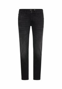 Schwarze Denim-Jeans mit schmaler Passform, featuring dezente Waschungen, Fünf-Taschen-Design und standardmäßiger Knopfverschluss. Glatte Textur.