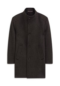 Czarny wełniany płaszcz w ciemnoszarym kolorze z wysokim kołnierzem, zapięciem na guziki z przodu i dwiema bocznymi kieszeniami. Posiada dopasowany krój i fakturowany materiał.
