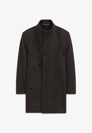 Cappotto in lana grigio scuro con colletto alto, chiusura frontale con bottoni e due tasche laterali. Presenta una forma sartoriale e un tessuto testurizzato.