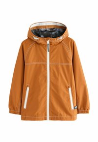 Orangefärgad regnjacka med huva, framzipper, vit sömnad och två zippered sidofickor. Inuti har den ett grått mesh-foder.