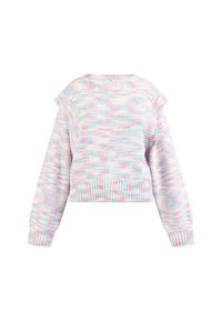 Pullover in crochet di colore rosa pastello, blu e bianco. Presenta un orlo e polsini a coste, con una vestibilità rilassata e maniche corte.