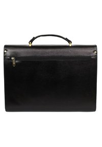 Zwarte leren aktetas met een gladde textuur, een handvat aan de bovenkant, een ritszak aan de voorkant en accenten van messing.