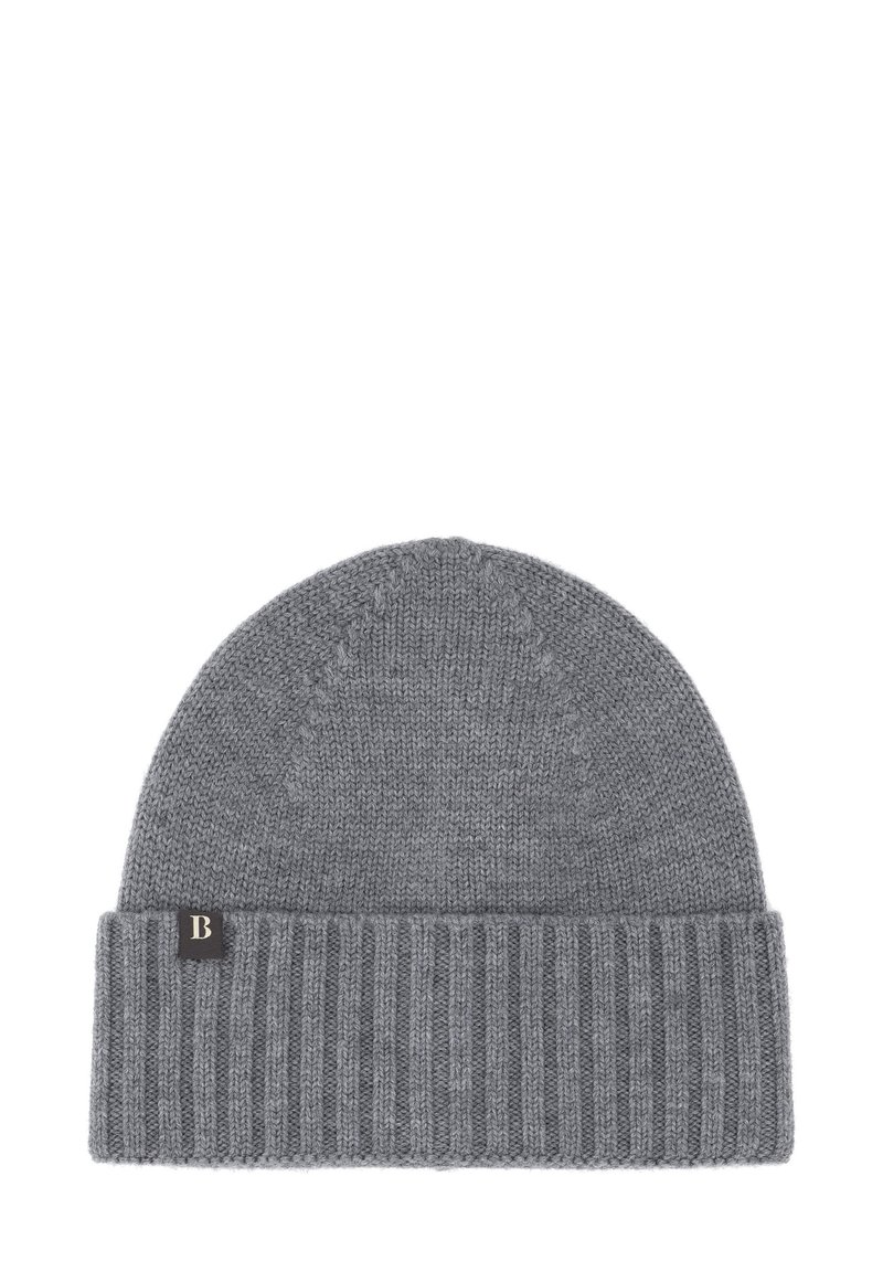 Gorro de punto gris con puño acanalado, que presenta una sutil etiqueta con el logo. La textura es suave y sin adornos, con una forma clásica.