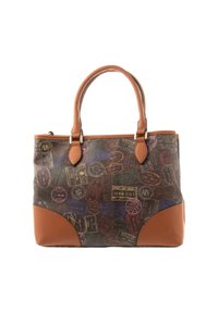 Brązowa torba na ramię z tkaniną w wzór z motywem pieczątek podróżniczych, uzupełniona jasnobrązowymi skórzanymi elementami i solidnymi uchwytami.