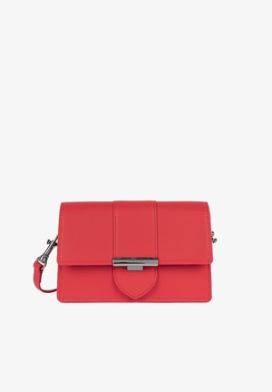 Red leather crossbody bag with front flap, silver clasp, and adjustable strap with metal hardware.