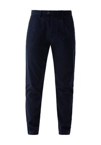 Pantalon bleu marine à jambes droites avec fermeture à boutons, passants de ceinture et plis sur le devant, présenté sur un fond blanc.