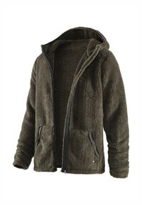 Fleece-Jacke mit Reißverschluss in dunklem Olivgrün, ausgestattet mit einer weichen, strukturierten Oberfläche, zwei frontalen Taschen mit schwarzen Reißverschlüssen und einer Kapuze.