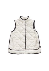 Dygsniuotas liemenė be rankovių off-white spalvos su tamsiomis detalėmis, užsegamas ant snaps, su šoninėmis kišenėmis ir stovinčiu apykakle. Lygus, lengvas audinys.