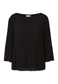 Svart plisserad blus med rund halsringning, lösa trekvartsärmar och textil med struktur, designad för en avslappnad passform.