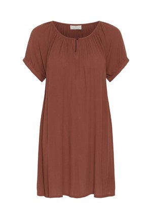 Abito corto a maniche corte di colore marrone ruggine con scollo rotondo, piccolo dettaglio con bottoni frontali e vestibilità ampia.