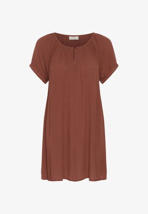 Robe courte à manches courtes de couleur brun rouille avec encolure ronde, petit détail de bouton à l'avant et coupe ample.