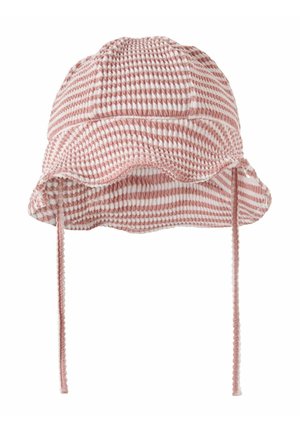 Rausvai baltos spalvos dryžuotas tekstūruotas kūdikių saulės skrybėlė su banguotu kraštu ir ilgais raišteliais po smakru, sukurta apsaugai nuo saulės.