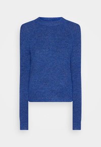 Pull en tricot bleu à manches longues avec col rond, bordures côtelées aux poignets et au col, présenté sur fond blanc uni.