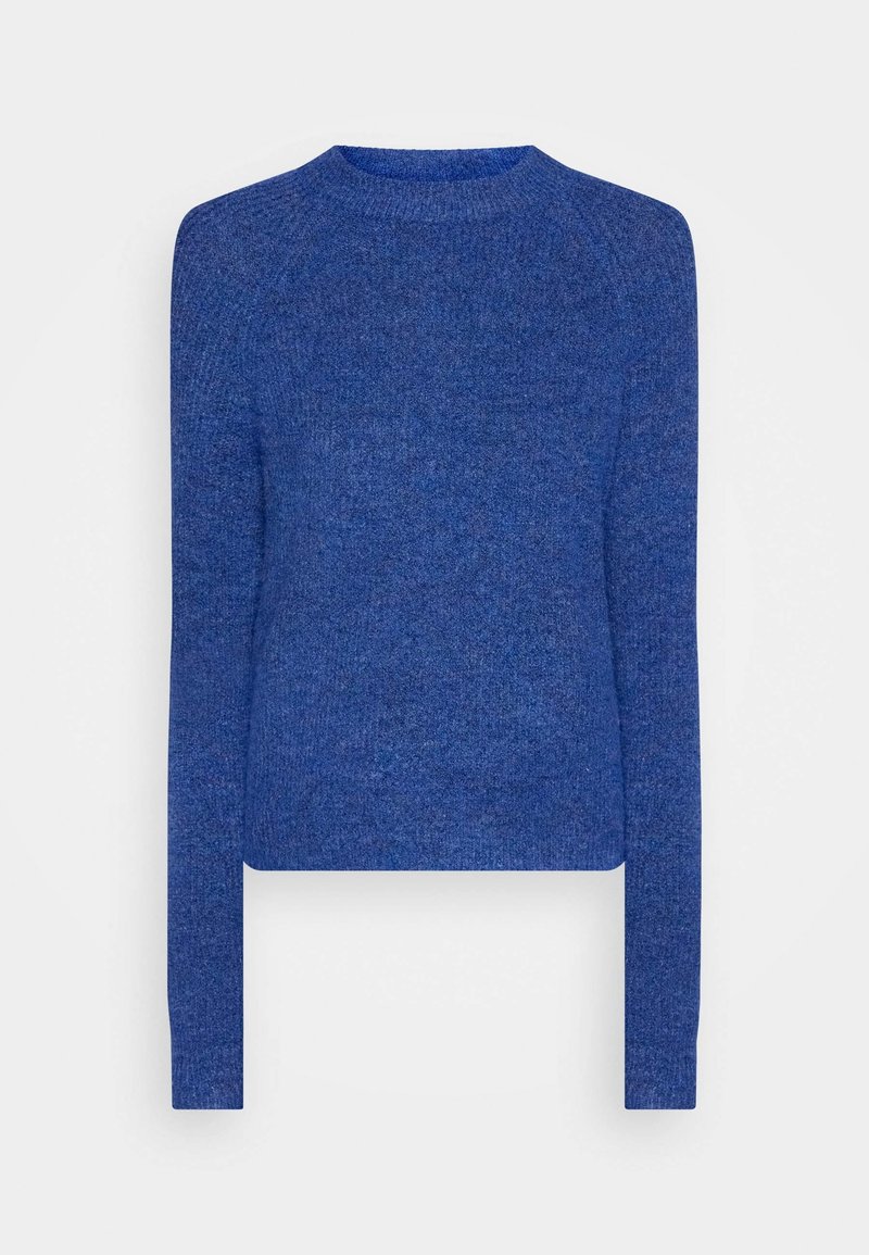 Pull en tricot bleu à manches longues avec col rond, bordures côtelées aux poignets et au col, présenté sur fond blanc uni.