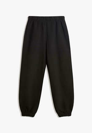 Schwarze Jogginghosen mit elastischem Bund, seitlichen Taschen und elastischen Bündchen, flach auf einem weißen Hintergrund ausgelegt.