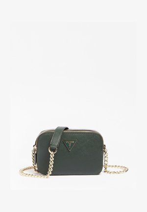 Green synthetic leather crossbody bag with a gold chain strap, zip closure, and triangular logo accent on the front. Rectangular shape.