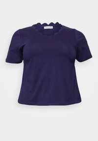 Camiseta de manga corta morada oscura con un escote en forma de ola, hecha de suave algodón. Corte casual con una textura suave y sin patrones visibles.