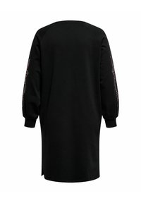 Robe sweat-shirt longue noire avec manches ballon, poignets côtelés et motifs graphiques subtils sur les deux bras, vue de dos.