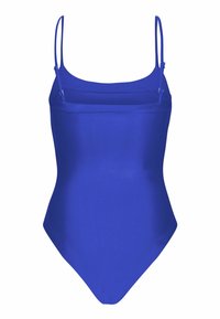 Modra enodelna kopalna obleka s tankimi nastavljivimi naramnicami, gladko teksturo, visokimi razporki in preprostim, aerodinamičnim dizajnom.