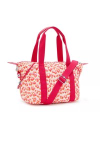 Liten rektangulär handväska med rosa och orange leopardmönster, dubbla rosa handtag och en justerbar rosa axelrem.