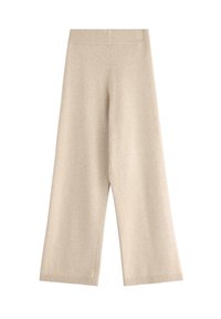 Beige Weite-Hosen mit einem gerippten Bund. Aus weichem Material gefertigt, mit einer glatten Textur und geraden Beinen. Keine sichtbaren Muster.