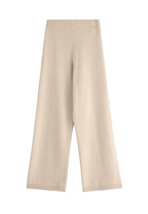 Beige Weite-Hosen mit einem gerippten Bund. Aus weichem Material gefertigt, mit einer glatten Textur und geraden Beinen. Keine sichtbaren Muster.