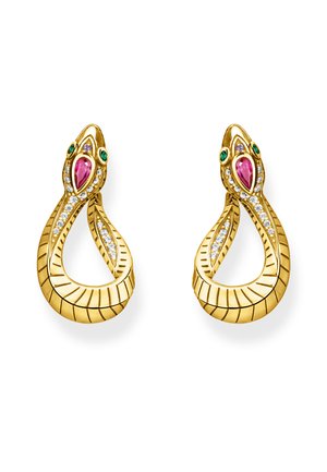 Orecchini d'oro a forma di serpente con squame incise, occhi con pietre preziose verdi e viola, pietre preziose rosa a forma di goccia sulle teste e piccoli cristalli trasparenti lungo i corpi.