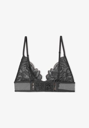 Bralette in pizzo nero con ricami floreali, spalline sottili regolabili e fascia in mesh trasparente con chiusura a gancio.