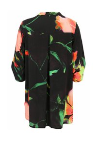 Schwarze Bluse mit floralem Muster in lebhaftem Pink und Grün, mit lockerer Passform und überschnittenen Schultern. Glattes Material mit einem gespaltenen Rückendetail.